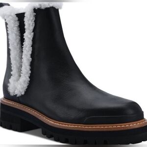 Marc Fisher LTD Black Leather Ankle Lug Sole Boots with White Shearling 8M